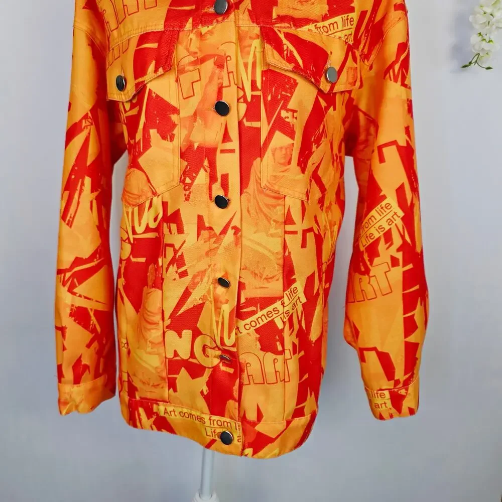 Artsy Graffiti Jacket Large Orange Art is Life Button Front Pop Streetwear Shein